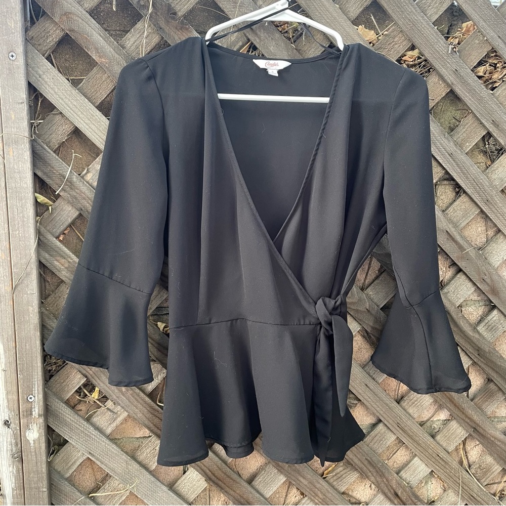 CANDIES Women’s Black Wrap Blouse 3/4 Bell Sleeves Side Tie Size Small